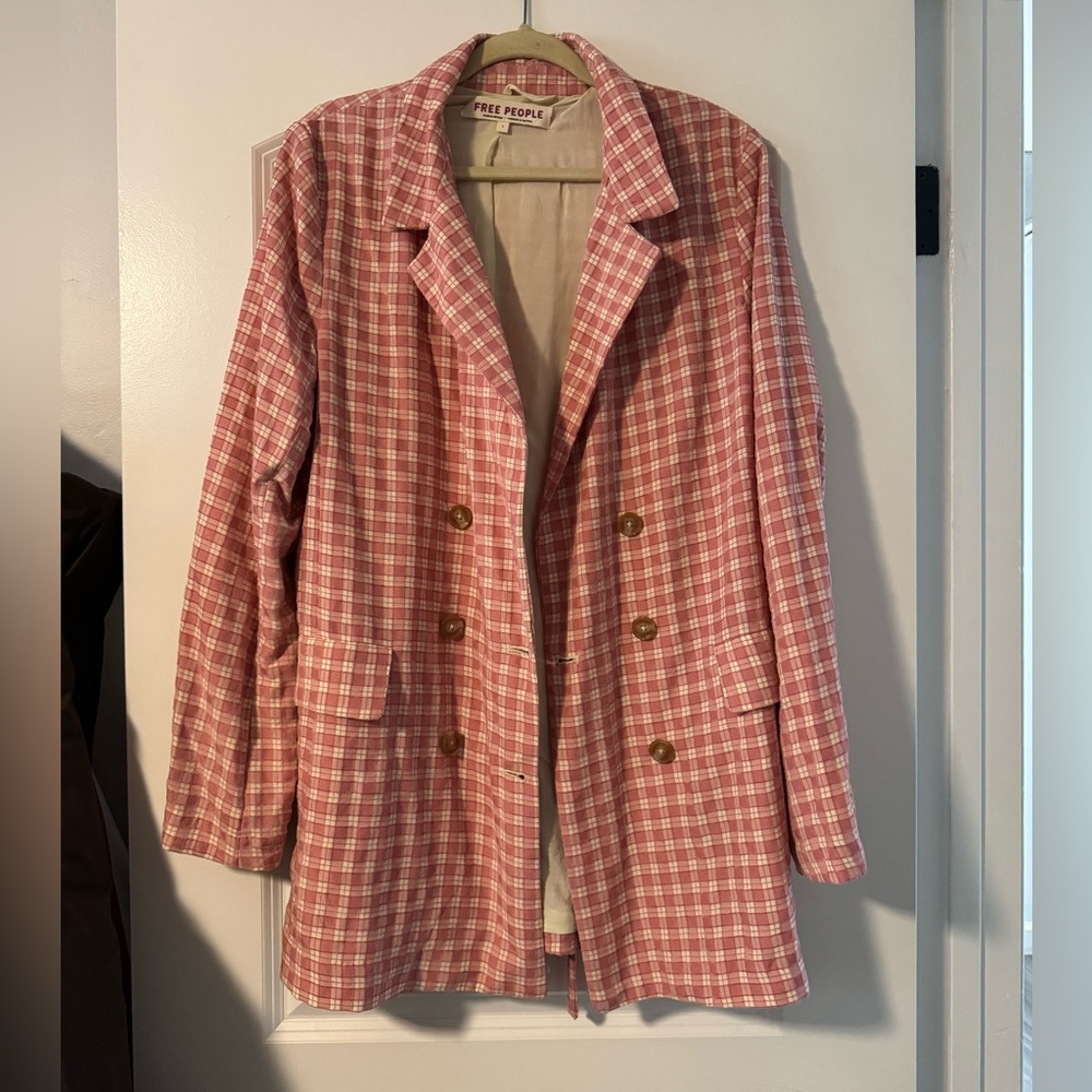 Free People Checkered Jacket in Pink and Cream